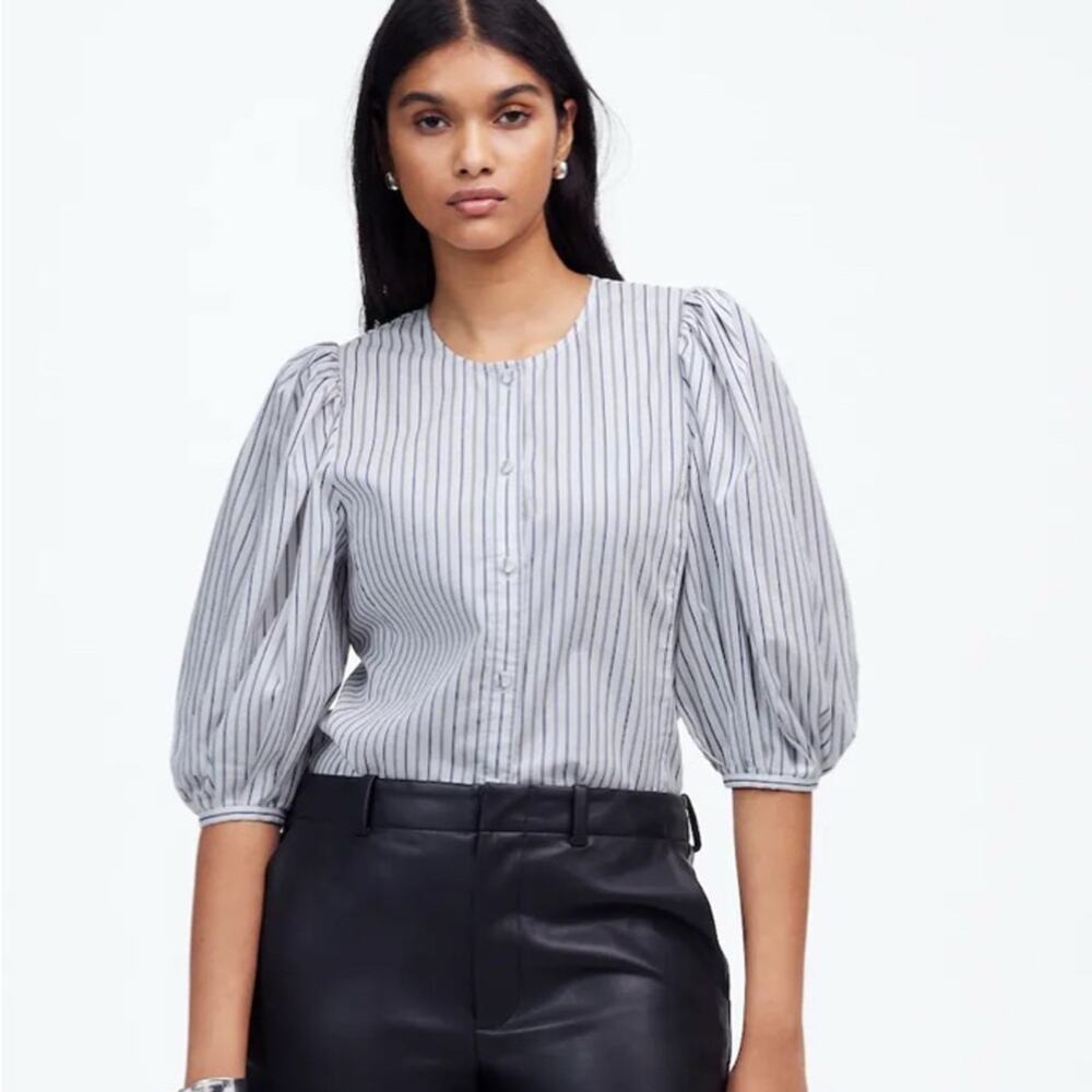 Madewell Gray and White Striped Puff Sleeve Blouse